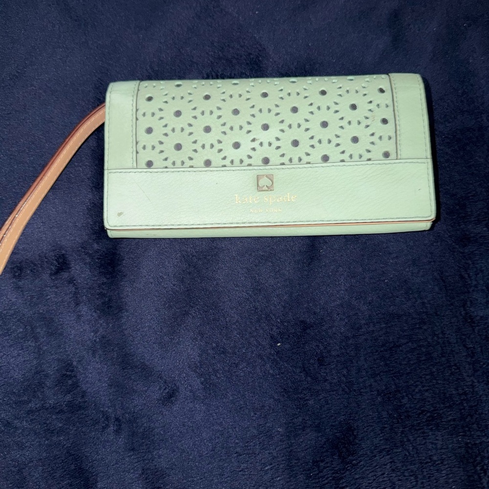 kate spade Mint Green Laser-Cut Wristlet Clutch with Tan Strap